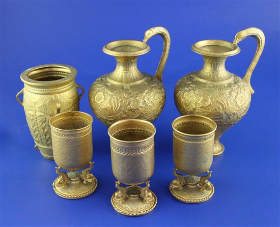 A pair of 1960s ancient Greek revival 900 standard silver gilt beakers by Ilias Lalaounis, gross 23 oz.